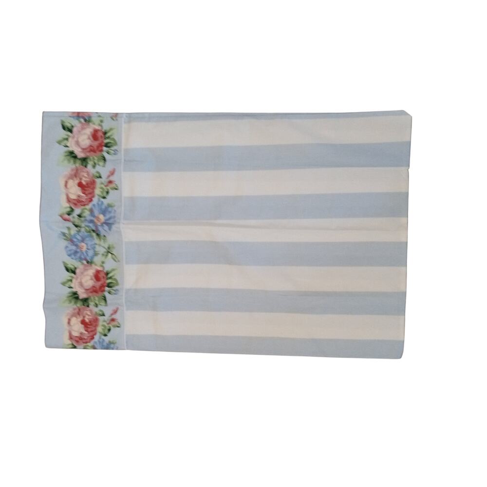 Laura Ashley Country Roses Blue White Striped Pink Floral Standard Pillowcase